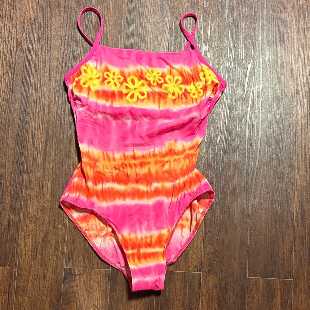 Kathy Ireland 90s Vibrant Pink and Orange Tie-Dye Swimsuit